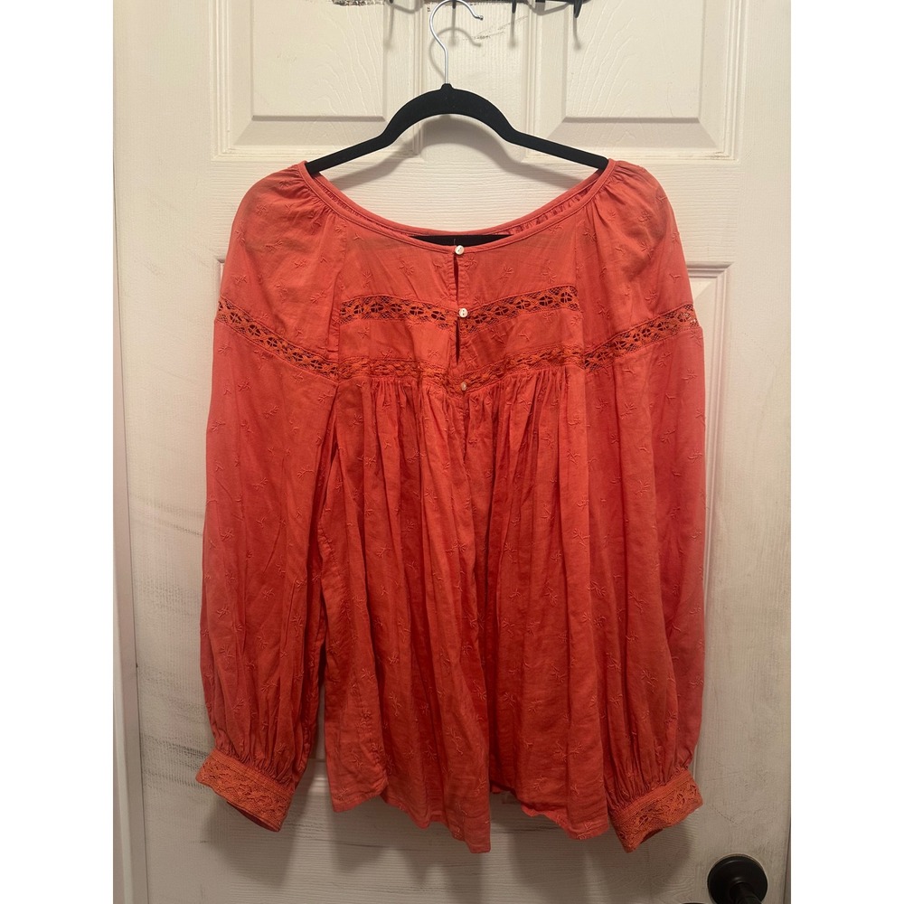 Old Navy Womens 2X Coral Orange Boho Eyelet Lace Crochet Peasant Blouse Top